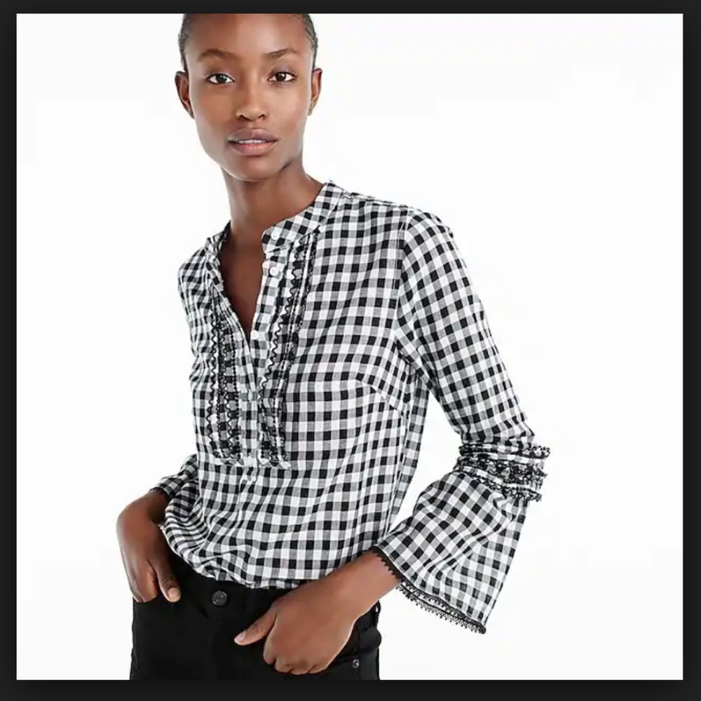 J. Crew Embroidered Bell Sleeve Gingham Top